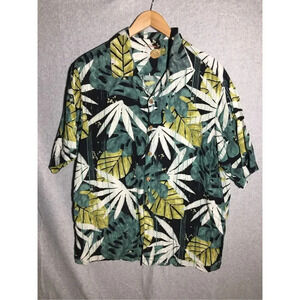 Mens Caribbean Button Up Shirt Leaves Wooden Buttons Beachy Boho Casual